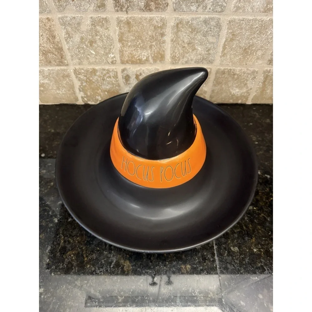 Rae Dunn HOCUS POCUS Halloween Black Orange Chip Dip Tray Removable Hat 10